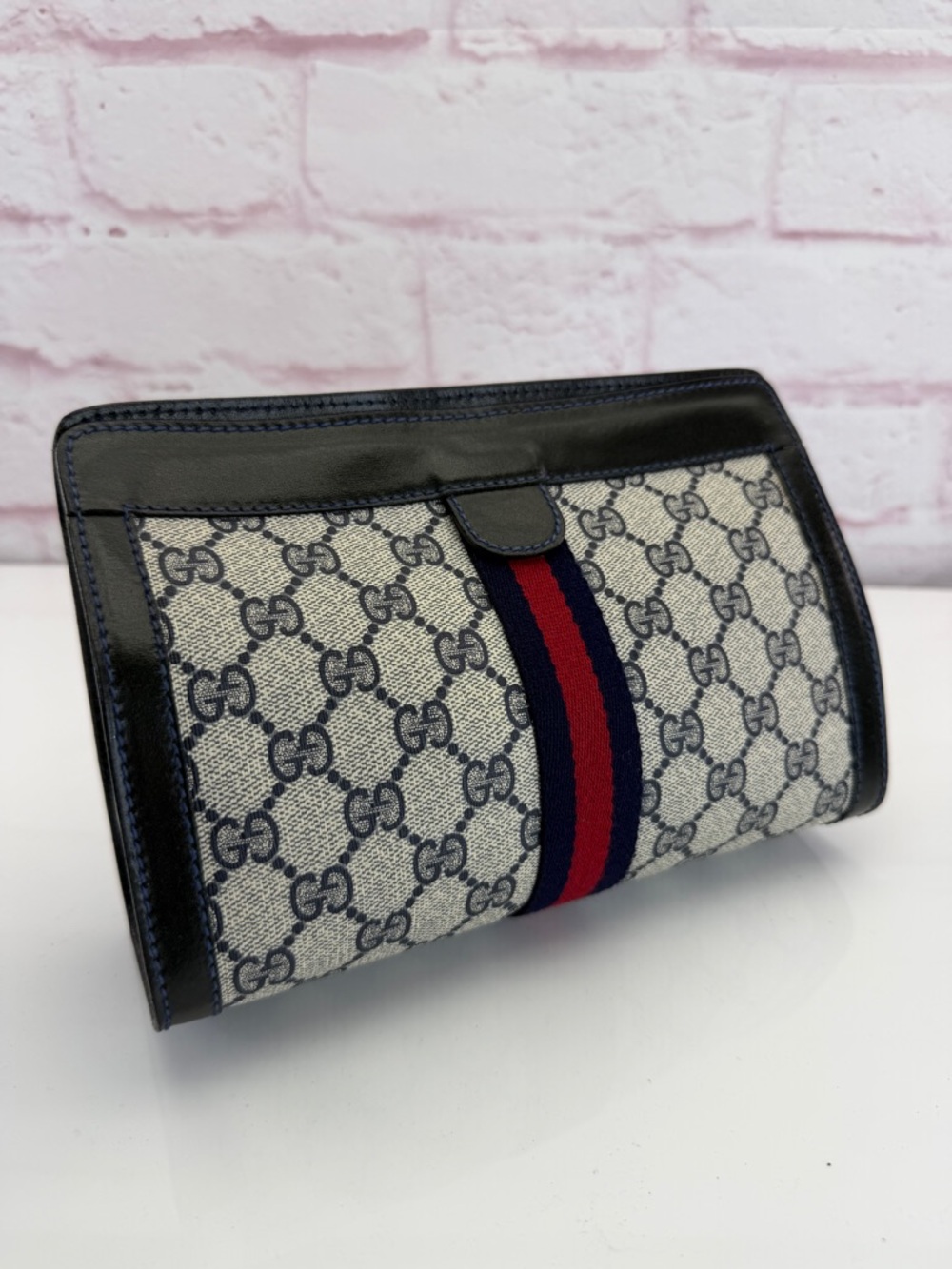 Gucci Vintage Sherry Line Navy-Red Stripe GG Supreme Canvas Clutch - Picture 3 of 11